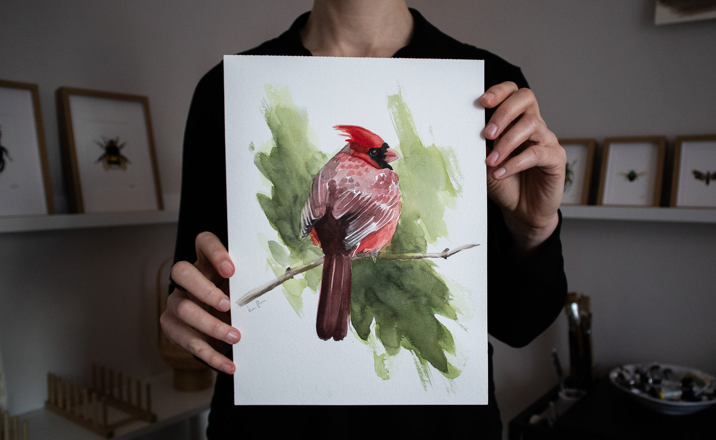 "Cardinal" original watercolor painting 21x30cm
