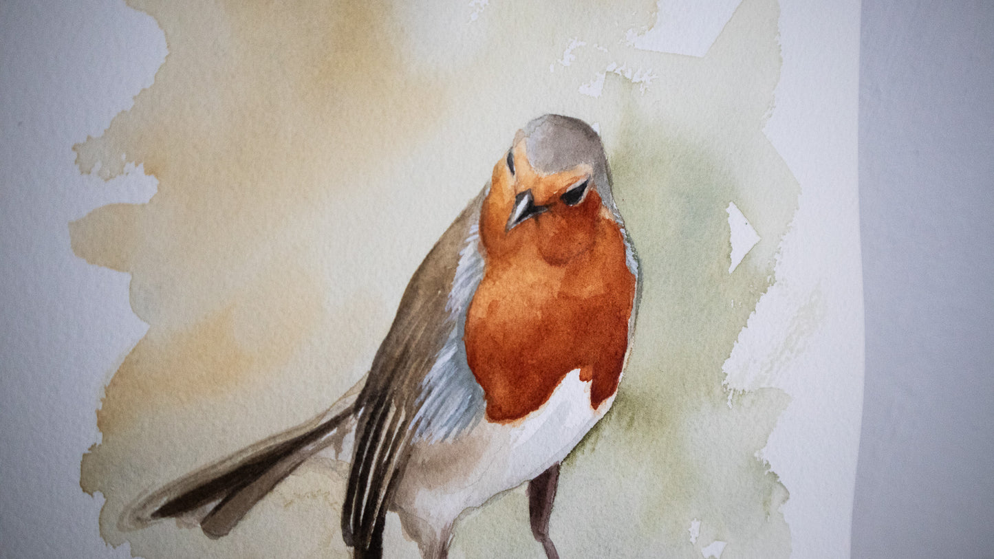 "Robin in the morning" original watercolor painting 21x30 cm