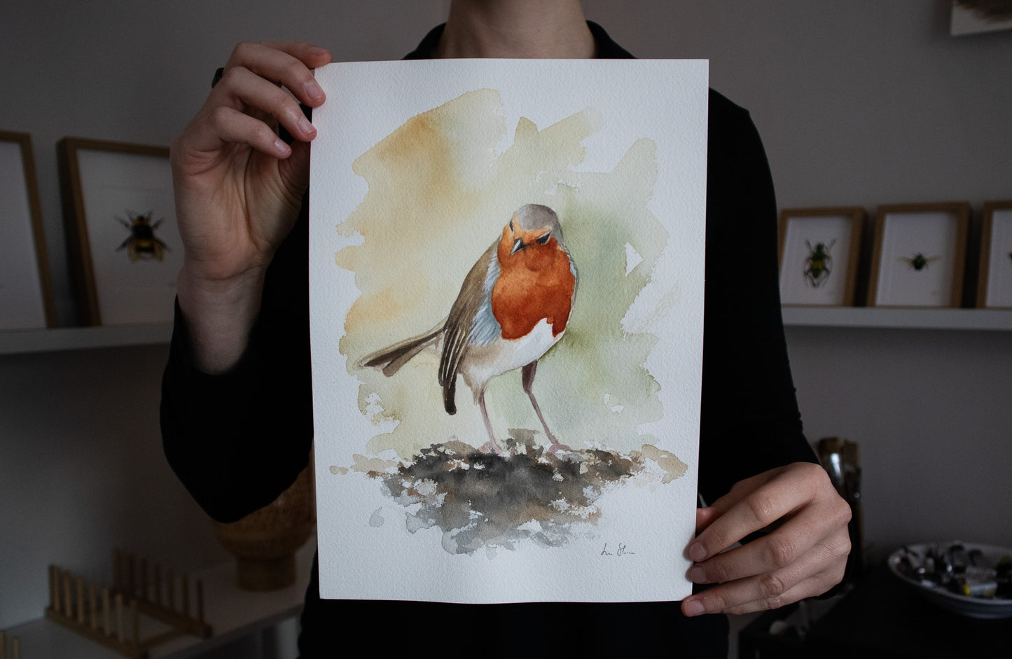 "Robin in the morning" original watercolor painting 21x30 cm